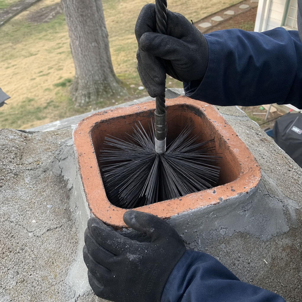 Professional chimney sweep cleaning a chimney flue with a rotary brush