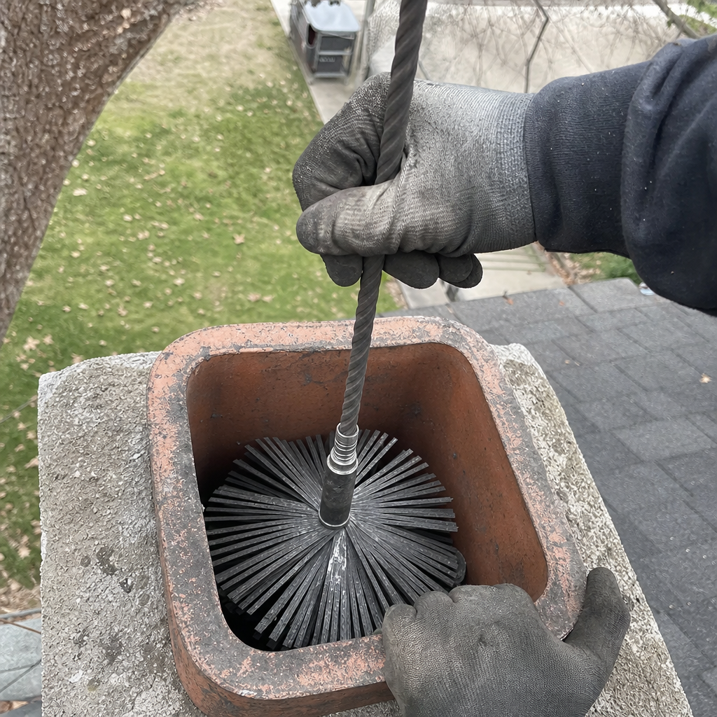 Professional technician performing residential chimney cleaning and sweep service