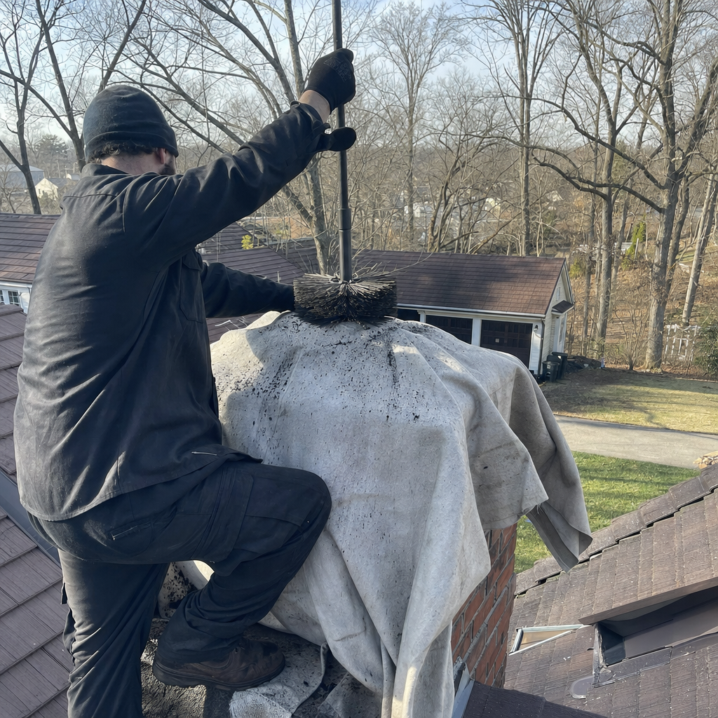 Professional chimney sweep cleaning a brick chimney from a roof