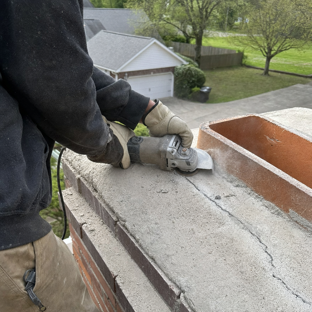 Professional contractor performing chimney crown repair with an angle grinder