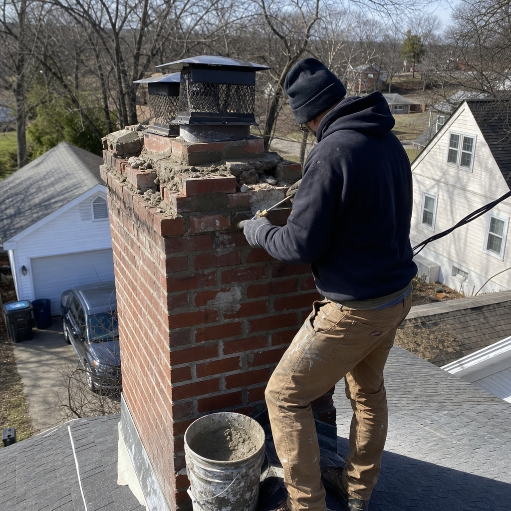 Professional masonry technician performing chimney brick repair on a rooftop