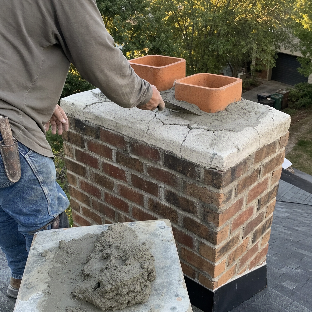 Professional contractor performing chimney crown repair with fresh mortar.