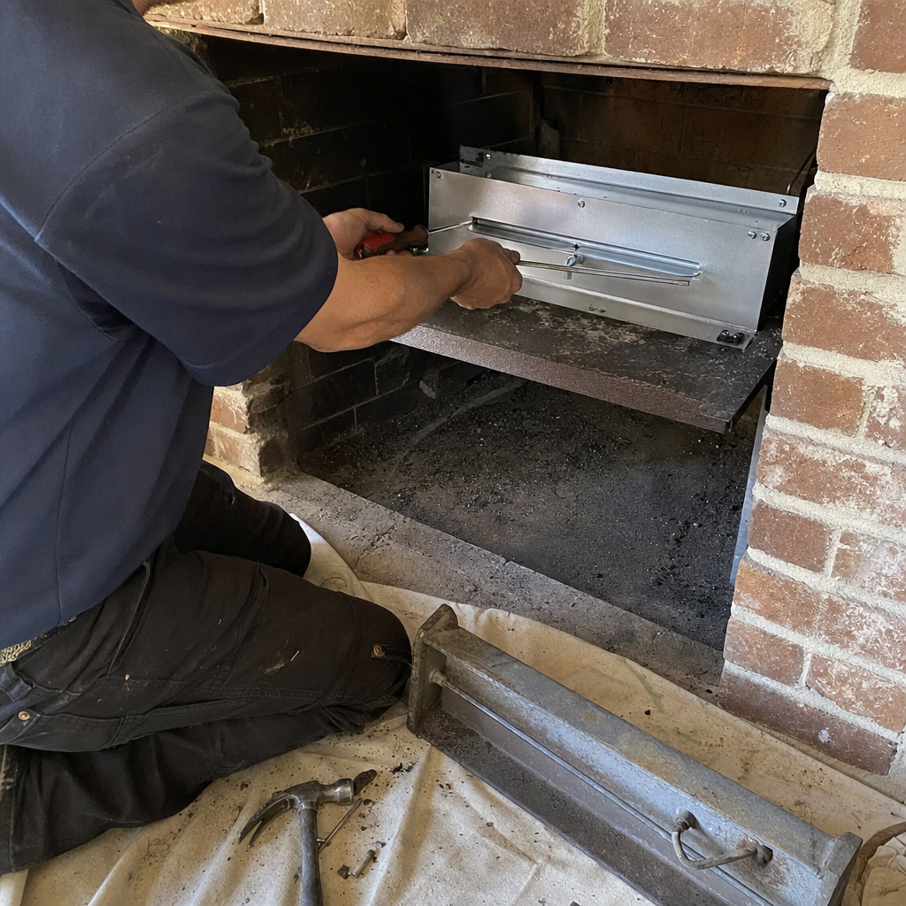 Technician installing a new steel firebox insert into a brick fireplace
