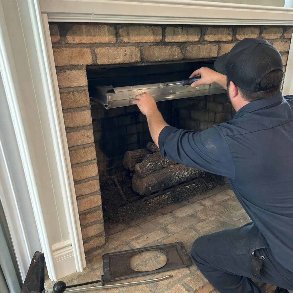 Technician performing professional fireplace flue damper installation service