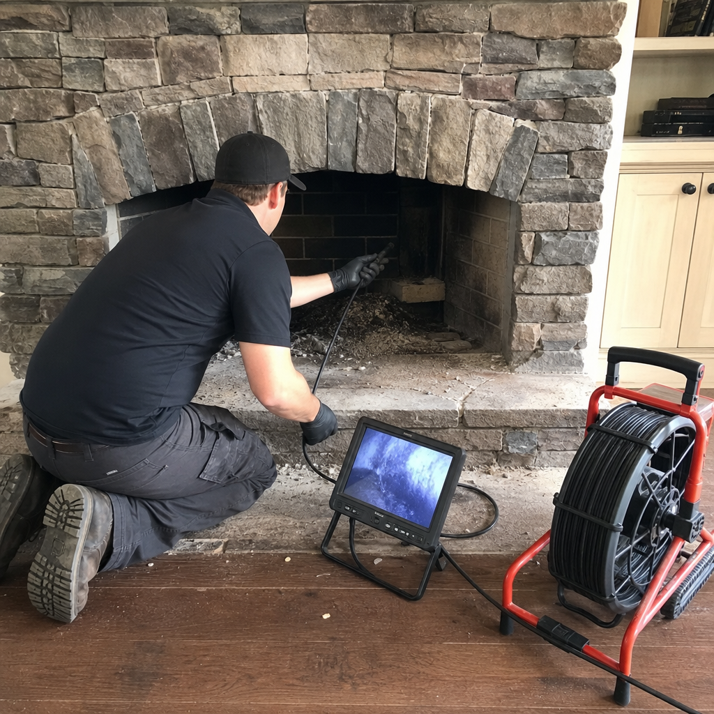 Chimney technician performing a professional fireplace video inspection