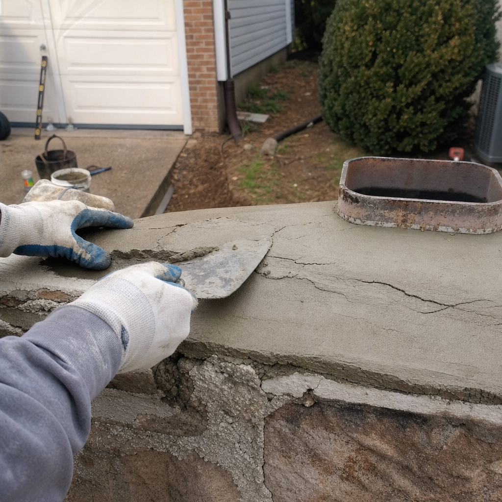 Professional contractor repairing a damaged chimney crown with mortar in Nashville, TN