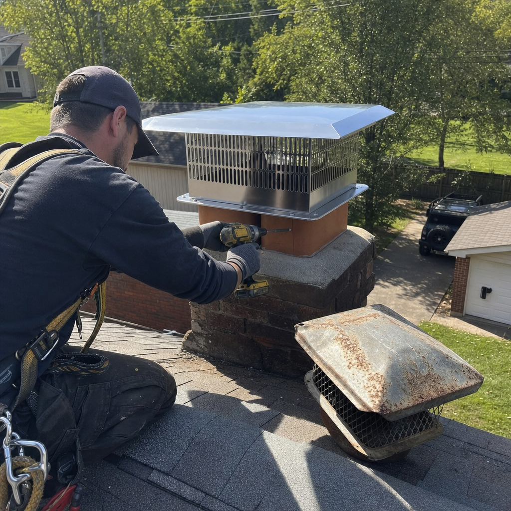 Professional technician installing a new stainless steel chimney cap on roof in Springfield, TN