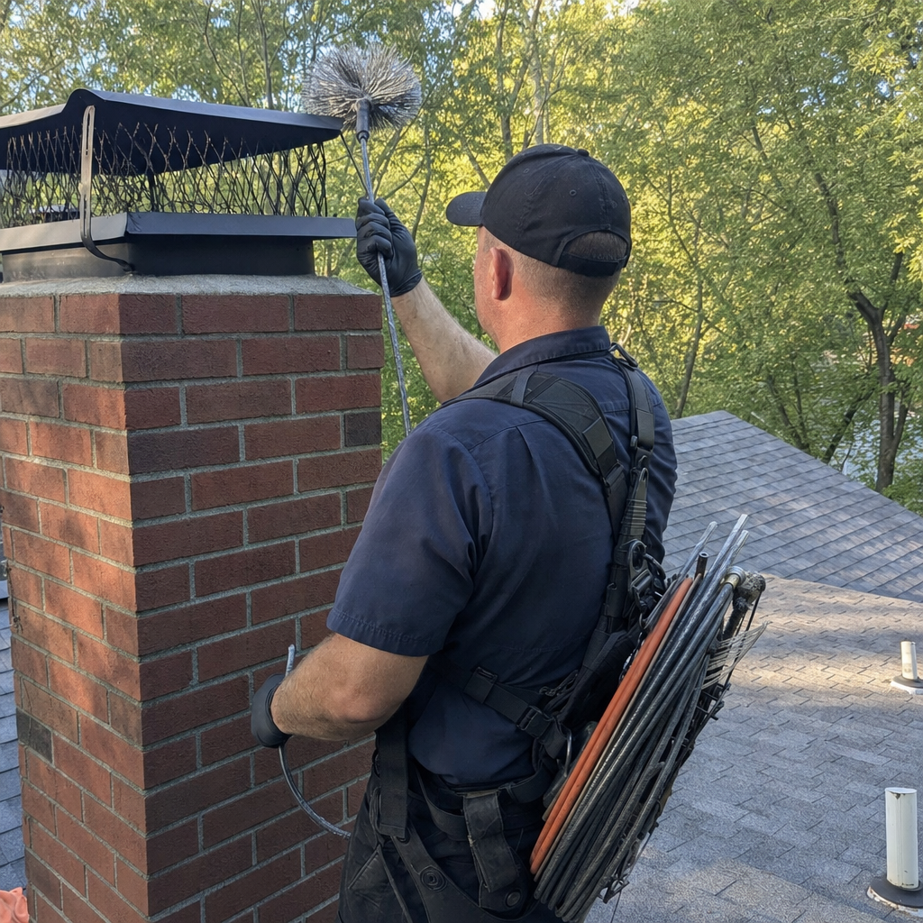 Professional chimney sweep cleaning a brick chimney on a residential roof in Nashville, TN