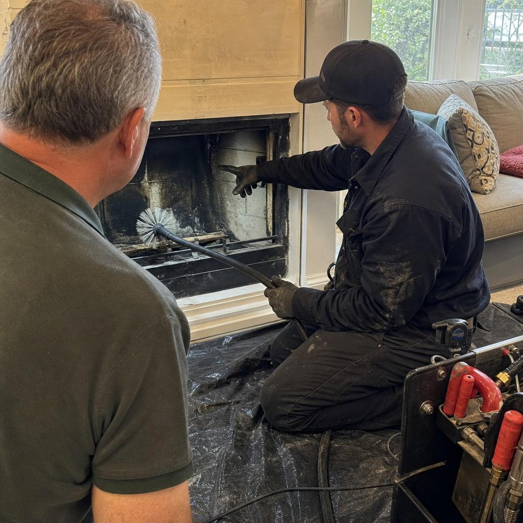 Professional chimney sweep inspecting fireplace interior with cleaning equipment in Nashville, TN