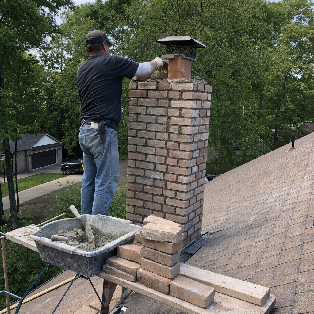 Professional masonry contractor performing a brick chimney rebuild on a roof in Nashville, TN