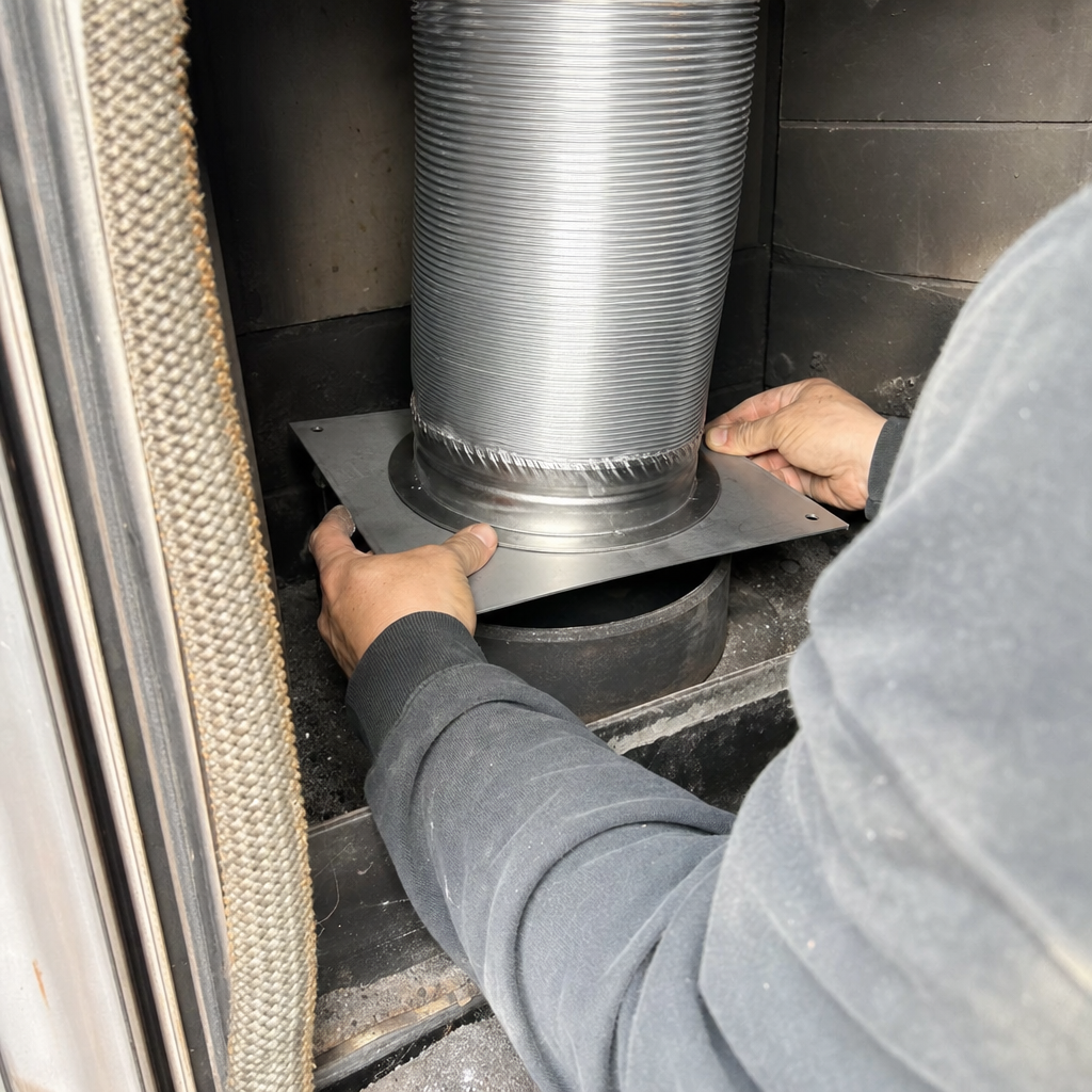 Professional technician installing a stainless steel chimney liner during fireplace repair in Greenbrier, TN